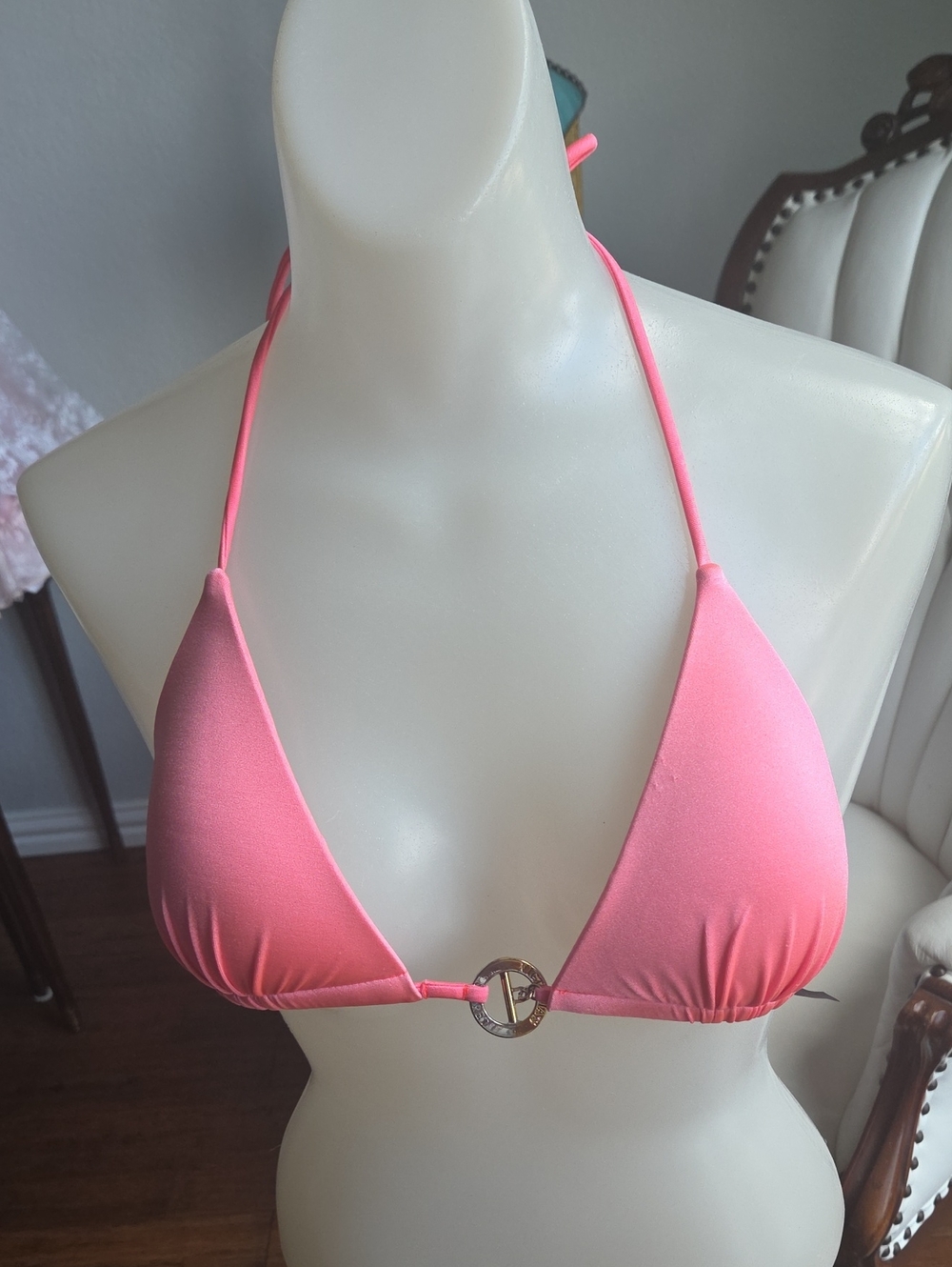 Victoria's Secret Pink/ Coral Triangle Bikini Top with Metal Ring Tarnished